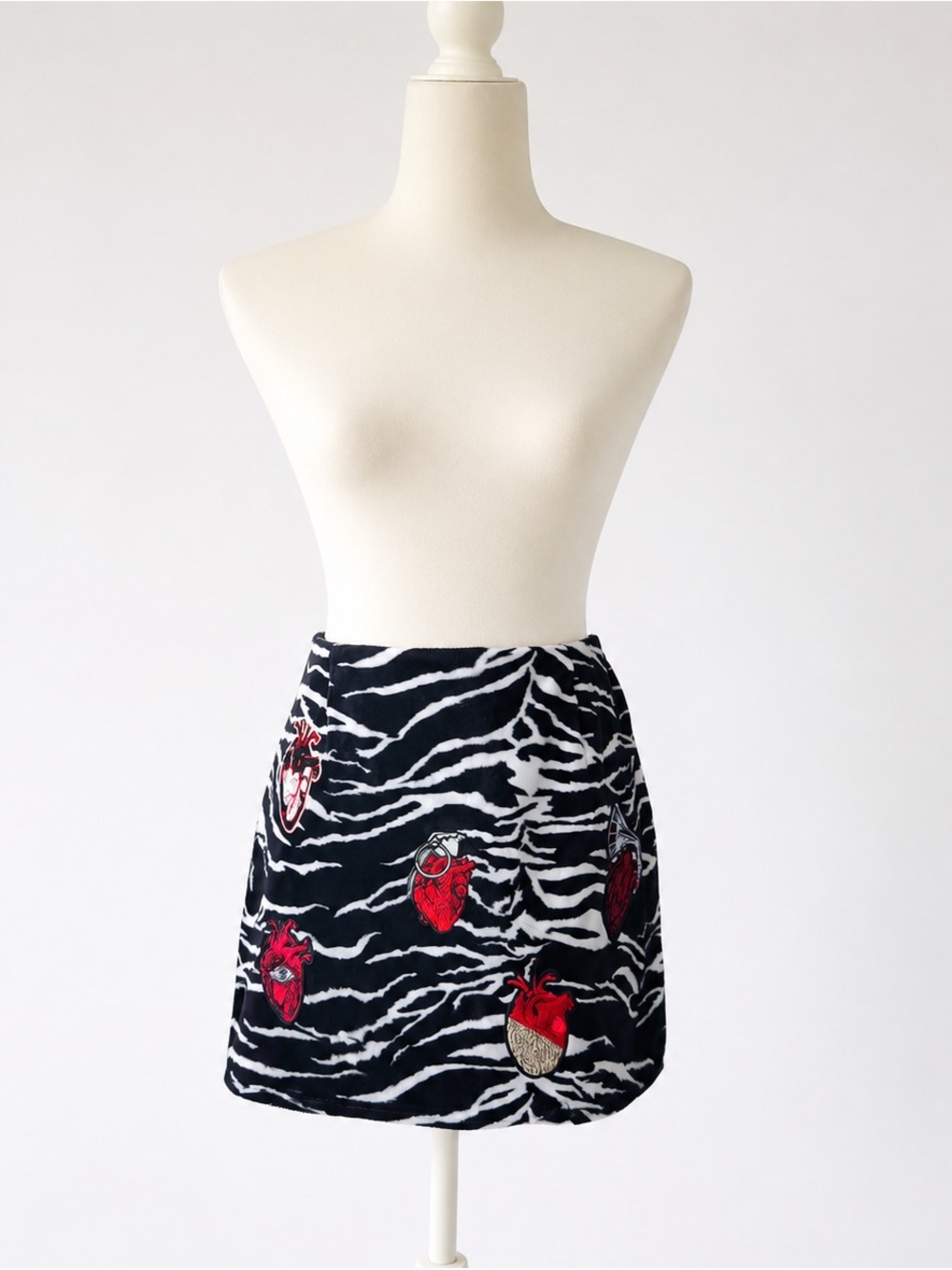 Vintage 90s Zebra Print Mini Skirt – Repurposed with Anatomical Heart Patches